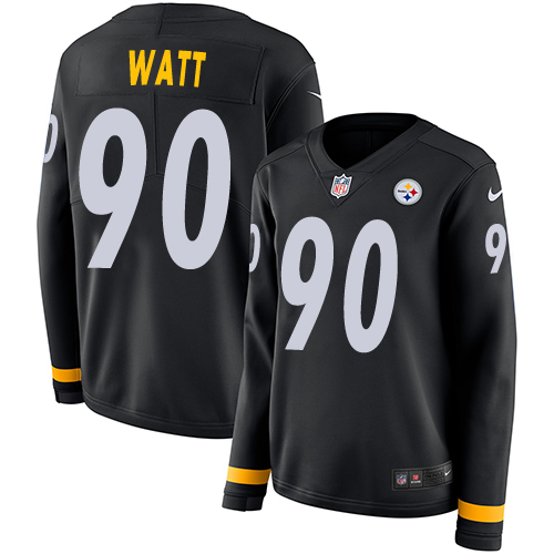 Nike Steelers #90 T. J. Watt Black Team Color Women's Stitched NFL Limited Therma Long Sleeve Jersey