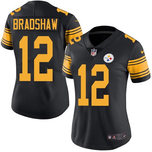 Nike Steelers #12 Terry Bradshaw Black Women's Stitched NFL Limited Rush Jersey
