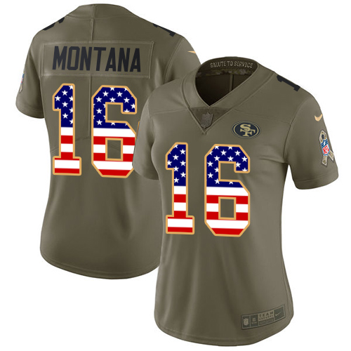Nike 49ers #16 Joe Montana Olive/USA Flag Women's Stitched NFL Limited 2017 Salute to Service Jersey