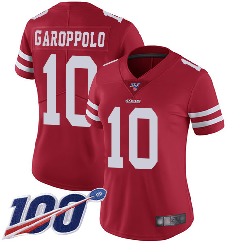 Nike 49ers #10 Jimmy Garoppolo Red Team Color Women's Stitched NFL 100th Season Vapor Limited Jersey