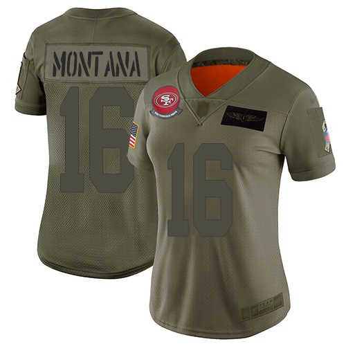 Nike 49ers #16 Joe Montana Camo Women's Stitched NFL Limited 2019 Salute to Service Jersey