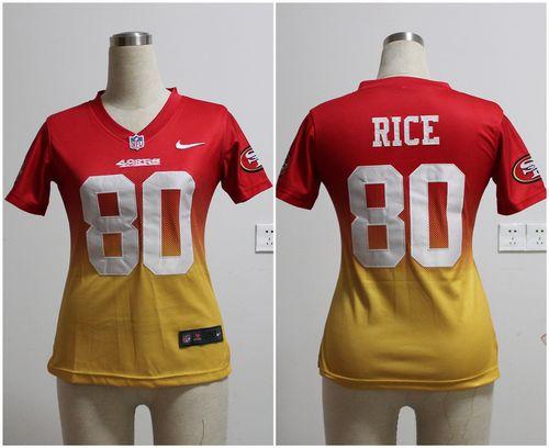 Nike 49ers #80 Jerry Rice Red/Gold Women's Stitched NFL Elite Fadeaway Fashion Jersey