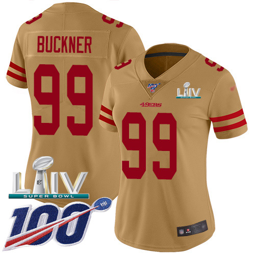 Nike 49ers #99 DeForest Buckner Gold Super Bowl LIV 2020 Women's Stitched NFL Limited Inverted Legend 100th Season Jersey