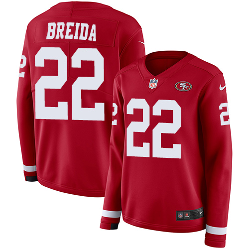 Nike 49ers #22 Matt Breida Red Team Color Women's Stitched NFL Limited Therma Long Sleeve Jersey