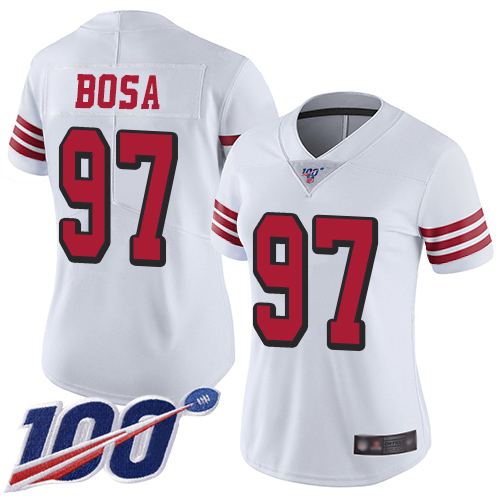 Nike 49ers #97 Nick Bosa White Rush Women's Stitched NFL Limited 100th Season Jersey