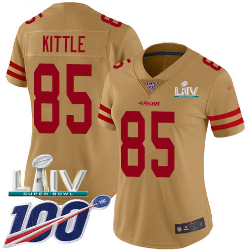 Nike 49ers #85 George Kittle Gold Super Bowl LIV 2020 Women's Stitched NFL Limited Inverted Legend 100th Season Jersey