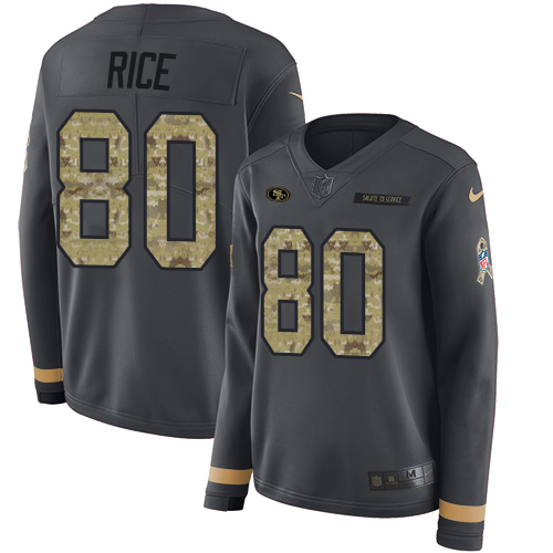 Nike 49ers #80 Jerry Rice Anthracite Salute to Service Women's Stitched NFL Limited Therma Long Sleeve Jersey