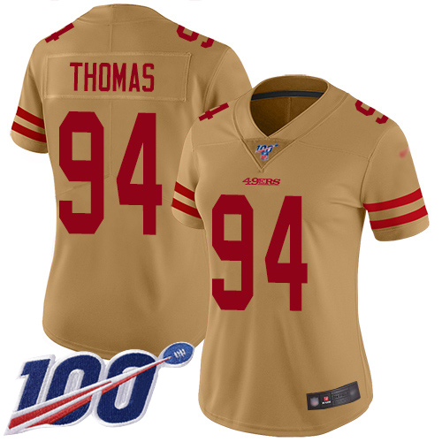 Nike 49ers #94 Solomon Thomas Gold Women's Stitched NFL Limited Inverted Legend 100th Season Jersey