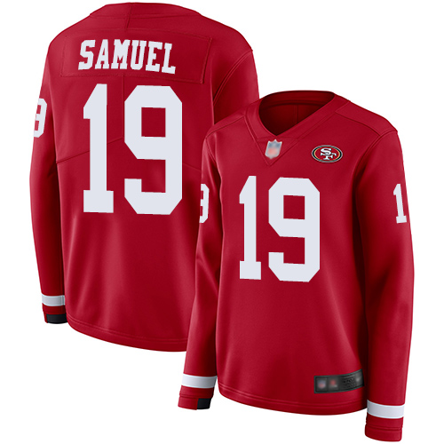 Nike 49ers #19 Deebo Samuel Red Team Color Women's Stitched NFL Limited Therma Long Sleeve Jersey