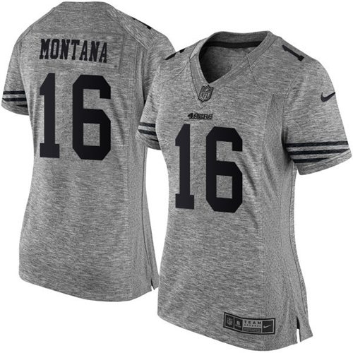 Nike 49ers #16 Joe Montana Gray Women's Stitched NFL Limited Gridiron Gray Jersey