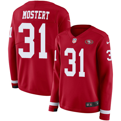 Nike 49ers #31 Raheem Mostert Red Team Color Women's Stitched NFL Limited Therma Long Sleeve Jersey