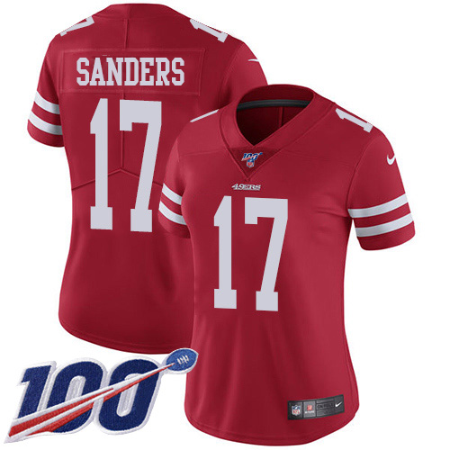 Nike 49ers #17 Emmanuel Sanders Red Team Color Women's Stitched NFL 100th Season Vapor Limited Jersey