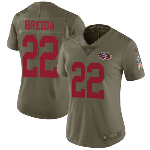 Nike 49ers #22 Matt Breida Olive Women's Stitched NFL Limited 2017 Salute to Service Jersey