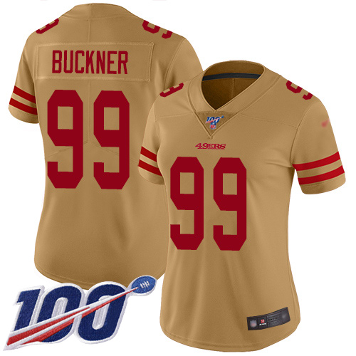 Nike 49ers #99 DeForest Buckner Gold Women's Stitched NFL Limited Inverted Legend 100th Season Jersey