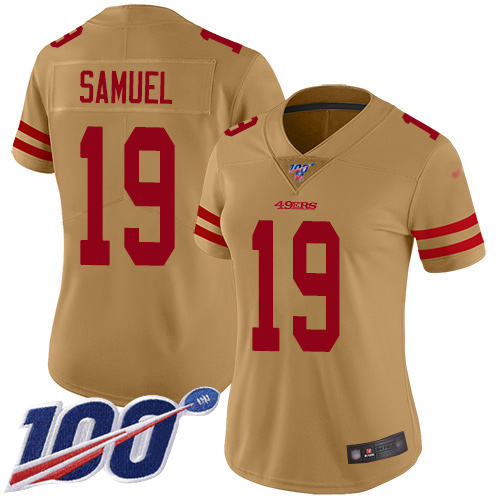 Nike 49ers #19 Deebo Samuel Gold Women's Stitched NFL Limited Inverted Legend 100th Season Jersey