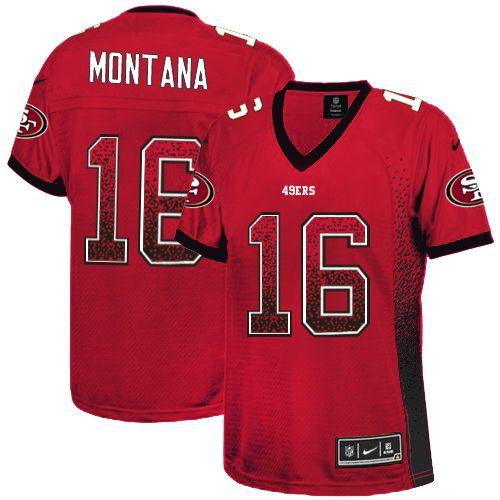 Nike 49ers #16 Joe Montana Red Team Color Women's Stitched NFL Elite Drift Fashion Jersey