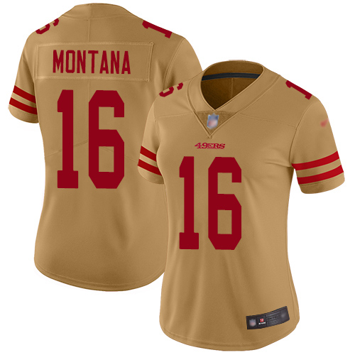 Nike 49ers #16 Joe Montana Gold Women's Stitched NFL Limited Inverted Legend Jersey