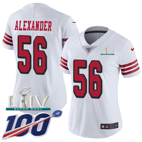 Nike 49ers #56 Kwon Alexander White Super Bowl LIV 2020 Rush Women's Stitched NFL Limited 100th Season Jersey
