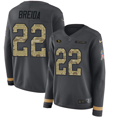Nike 49ers #22 Matt Breida Anthracite Salute to Service Women's Stitched NFL Limited Therma Long Sleeve Jersey