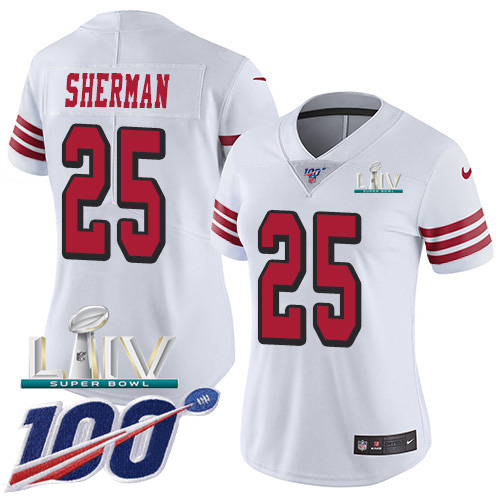 Nike 49ers #25 Richard Sherman White Super Bowl LIV 2020 Rush Women's Stitched NFL Limited 100th Season Jersey