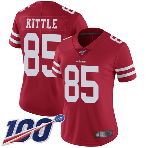 Nike 49ers #85 George Kittle Red Team Color Women's Stitched NFL 100th Season Vapor Limited Jersey
