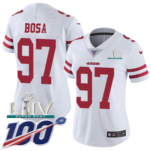 Nike 49ers #97 Nick Bosa White Super Bowl LIV 2020 Women's Stitched NFL 100th Season Vapor Limited Jersey