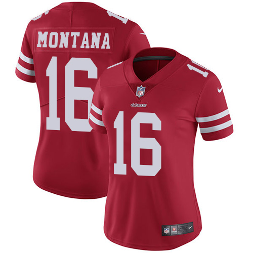 Nike 49ers #16 Joe Montana Red Team Color Women's Stitched NFL Vapor Untouchable Limited Jersey