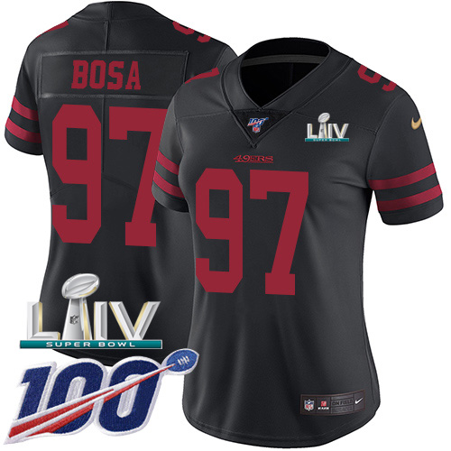 Nike 49ers #97 Nick Bosa Black Super Bowl LIV 2020 Alternate Women's Stitched NFL 100th Season Vapor Limited Jersey