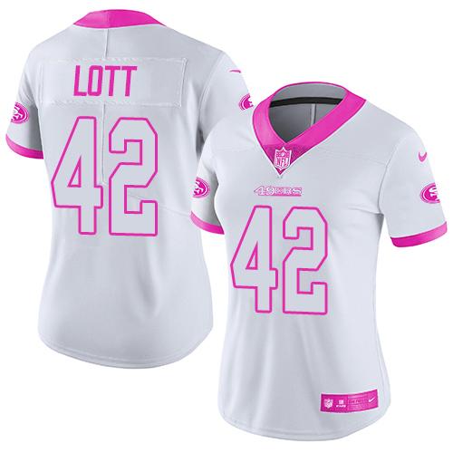 Nike 49ers #42 Ronnie Lott White/Pink Women's Stitched NFL Limited Rush Fashion Jersey