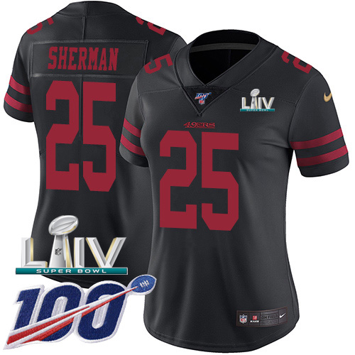 Nike 49ers #25 Richard Sherman Black Super Bowl LIV 2020 Alternate Women's Stitched NFL 100th Season Vapor Limited Jersey