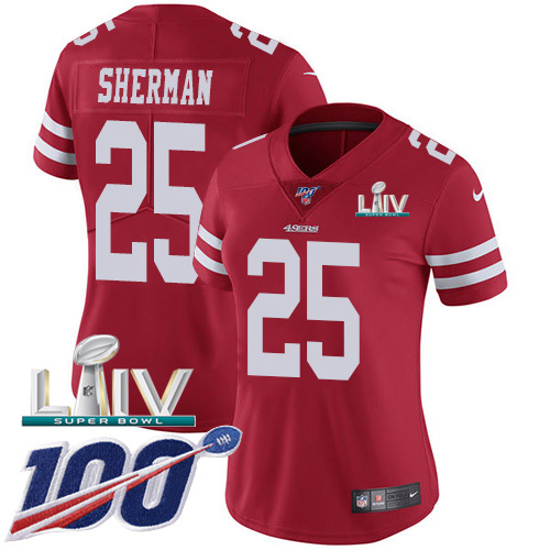 Nike 49ers #25 Richard Sherman Red Super Bowl LIV 2020 Team Color Women's Stitched NFL 100th Season Vapor Limited Jersey