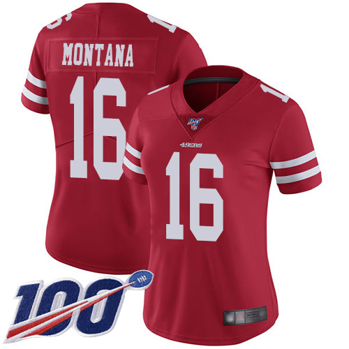 Nike 49ers #16 Joe Montana Red Team Color Women's Stitched NFL 100th Season Vapor Limited Jersey