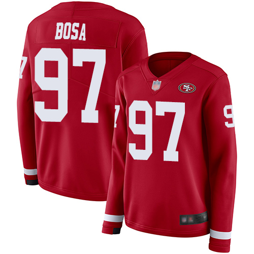 Nike 49ers #97 Nick Bosa Red Team Color Women's Stitched NFL Limited Therma Long Sleeve Jersey