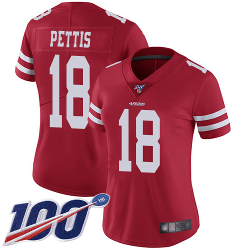 Nike 49ers #18 Dante Pettis Red Team Color Women's Stitched NFL 100th Season Vapor Limited Jersey