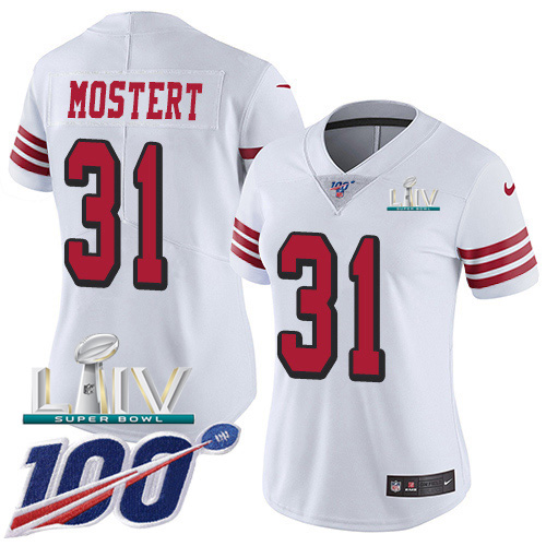 Nike 49ers #31 Raheem Mostert White Super Bowl LIV 2020 Women's Stitched NFL Limited Rush 100th Season Jersey