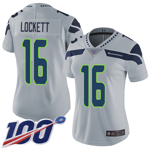 Nike Seahawks #16 Tyler Lockett Grey Alternate Women's Stitched NFL 100th Season Vapor Limited Jersey