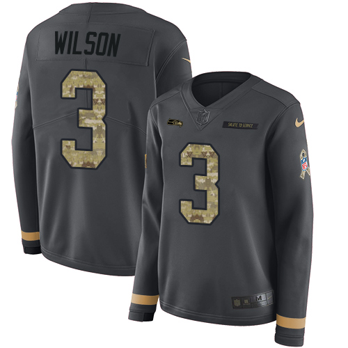 Nike Seahawks #3 Russell Wilson Anthracite Salute to Service Women's Stitched NFL Limited Therma Long Sleeve Jersey