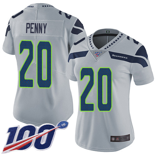 Nike Seahawks #20 Rashaad Penny Grey Alternate Women's Stitched NFL 100th Season Vapor Limited Jersey