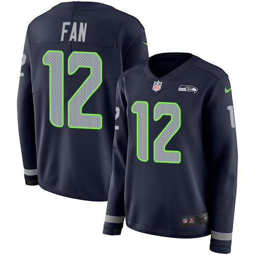 Nike Seahawks #12 Fan Steel Blue Team Color Women's Stitched NFL Limited Therma Long Sleeve Jersey