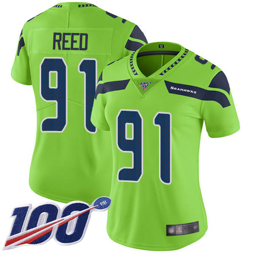 Nike Seahawks #91 Jarran Reed Green Women's Stitched NFL Limited Rush 100th Season Jersey