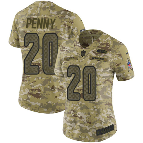Nike Seahawks #20 Rashaad Penny Camo Women's Stitched NFL Limited 2018 Salute to Service Jersey