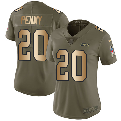 Nike Seahawks #20 Rashaad Penny Olive/Gold Women's Stitched NFL Limited 2017 Salute to Service Jersey