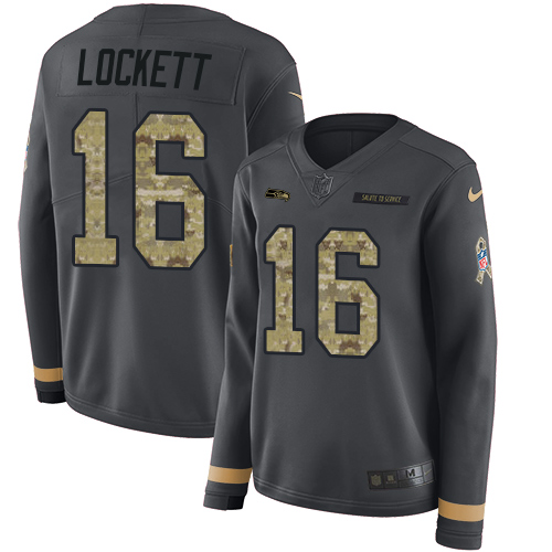 Nike Seahawks #16 Tyler Lockett Anthracite Salute to Service Women's Stitched NFL Limited Therma Long Sleeve Jersey