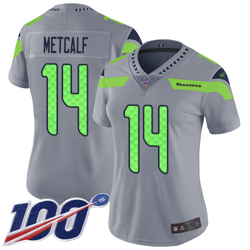 Nike Seahawks #14 D.K. Metcalf Silver Women's Stitched NFL Limited Inverted Legend 100th Season Jersey
