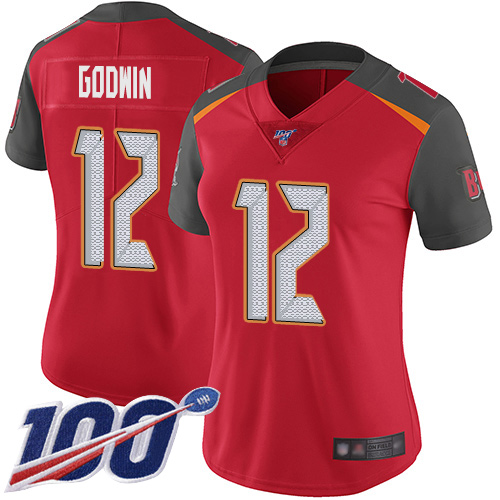 Nike Buccaneers #12 Chris Godwin Red Team Color Women's Stitched NFL 100th Season Vapor Limited Jersey