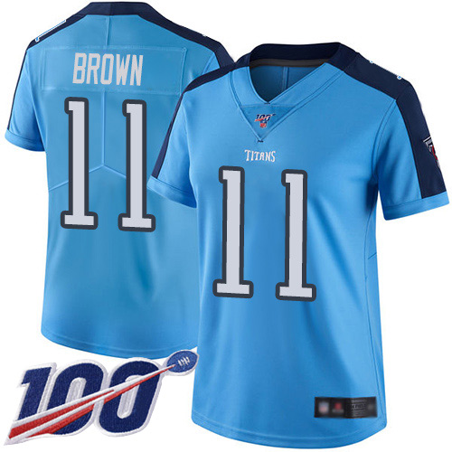 Nike Titans #11 A.J. Brown Light Blue Women's Stitched NFL Limited Rush 100th Season Jersey