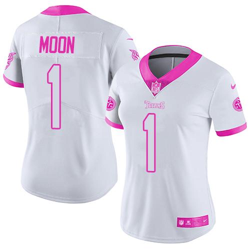 Nike Titans #1 Warren Moon White/Pink Women's Stitched NFL Limited Rush Fashion Jersey