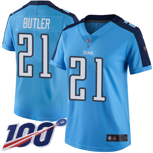 Nike Titans #21 Malcolm Butler Light Blue Women's Stitched NFL Limited Rush 100th Season Jersey