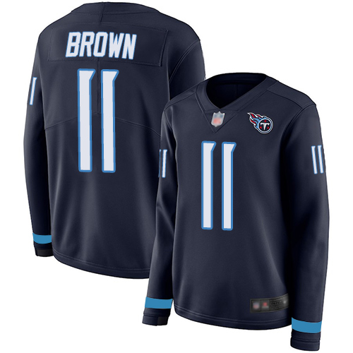 Nike Titans #11 A.J. Brown Navy Blue Team Color Women's Stitched NFL Limited Therma Long Sleeve Jersey