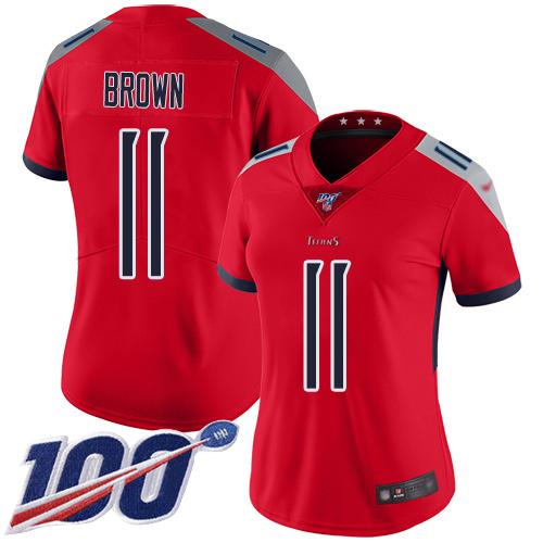 Nike Titans #11 A.J. Brown Red Women's Stitched NFL Limited Inverted Legend 100th Season Jersey